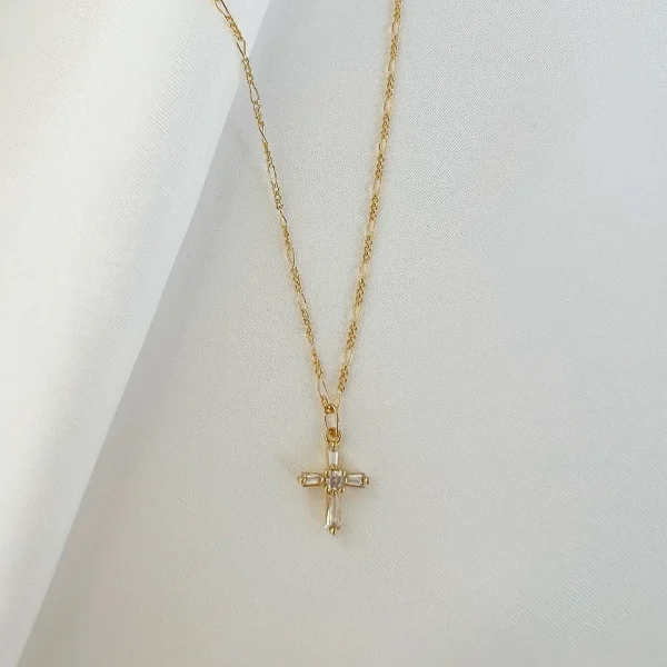 Petite CZ Cross Pendant Necklace Gold Filled