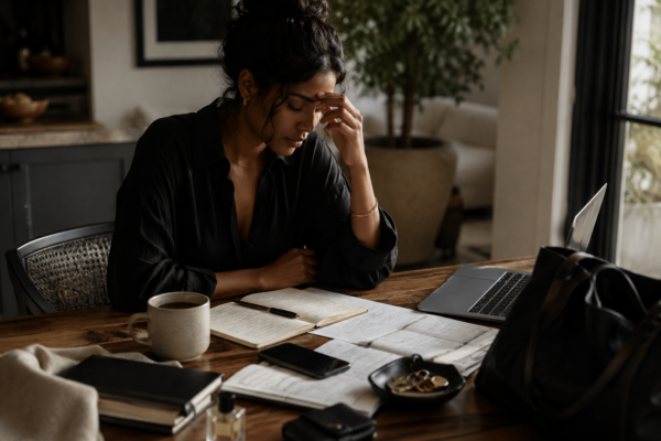 Woman experiencing decision fatigue while managing daily tasks
