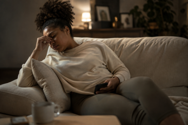 Mentally tired woman resting on a sofa after an overwhelming day